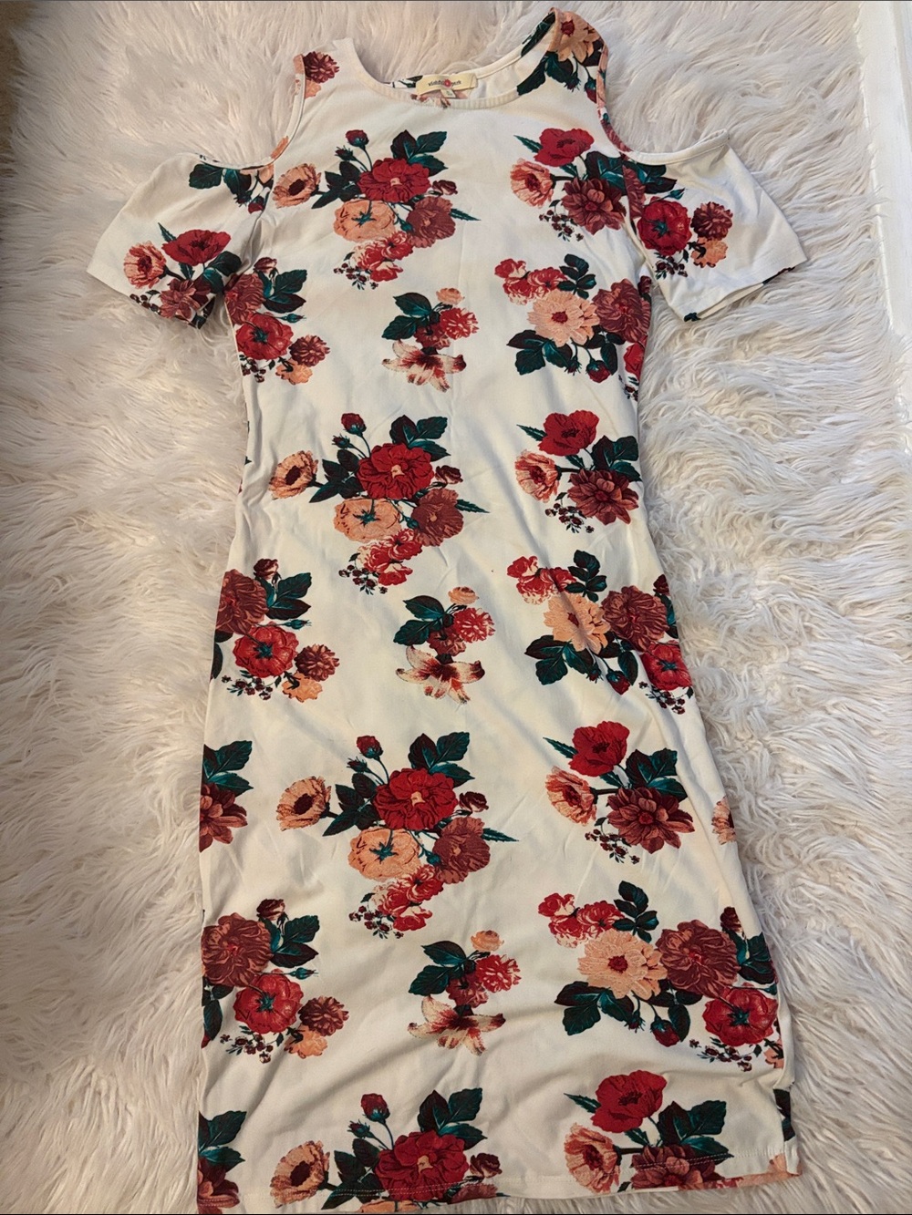 Wishful Park Cream Midi Dress with Red & Peach Floral Print